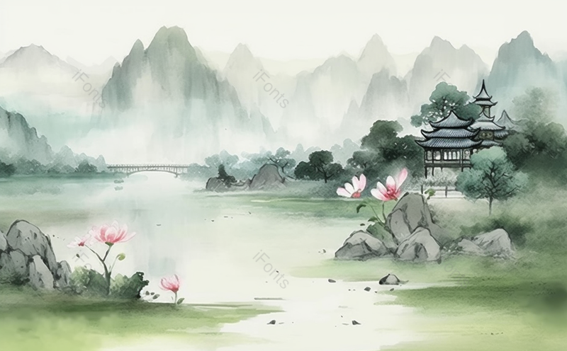 亭子立夏平静湖面云雾策绕荷花盛开国风水墨画,插画/手绘图,插画/手绘图库,插画/手绘图下载,插画/手绘